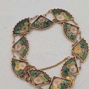 Vintage Green Cloisonne Enamel Fan Link Floral Daisy Bracelet Gold Tone